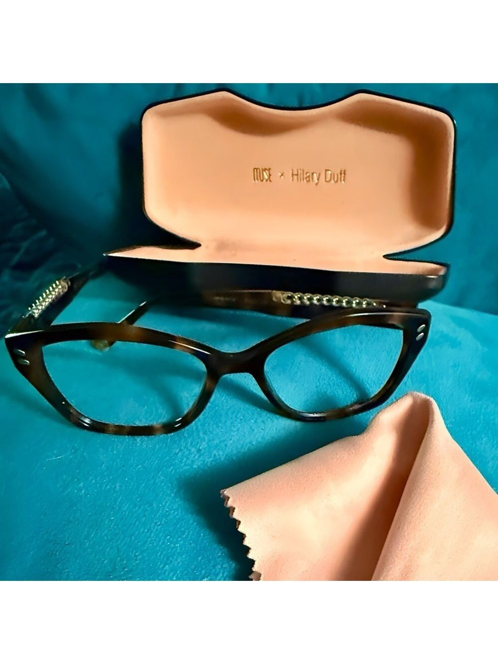 MUSE x Hilary Duff Brown Tortoise Shell Cat Eye Eyeglasses Embellished Temple - Picture 6 of 17